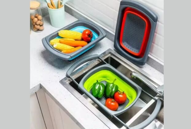 Escorredor De Alimentos Macarrão Legumes Frutas Vegetais Silicone Alça Retrátil Para Pia