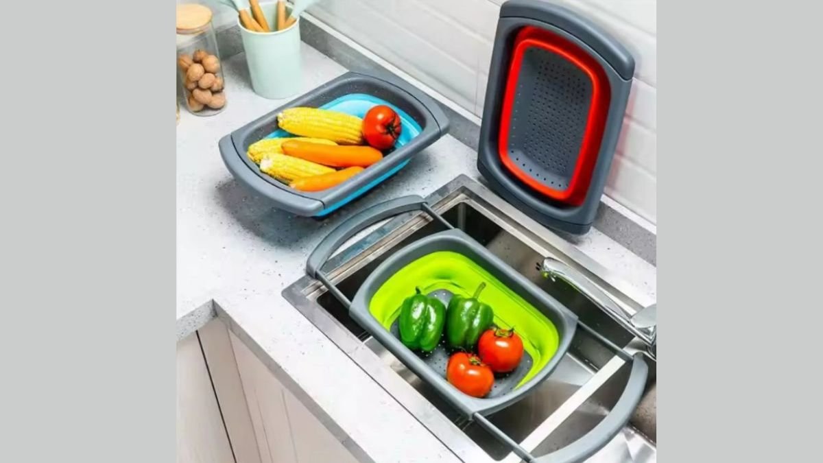 Escorredor De Alimentos Macarrão Legumes Frutas Vegetais Silicone Alça Retrátil Para Pia