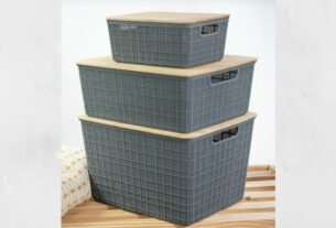 Kit 3 Caixas Organizadoras Cinza C Tampa Bambu P, M, G