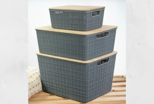 Kit 3 Caixas Organizadoras Cinza C Tampa Bambu P, M, G