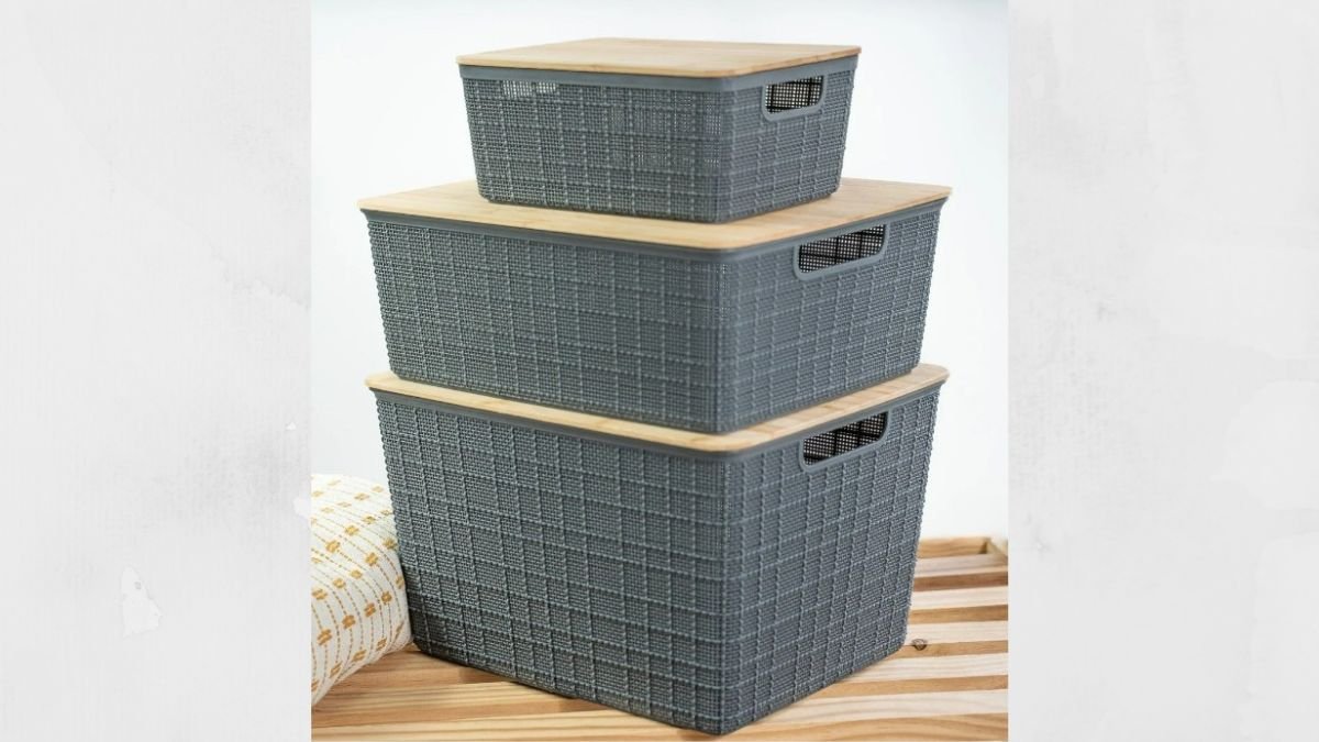 Kit 3 Caixas Organizadoras Cinza C Tampa Bambu P, M, G